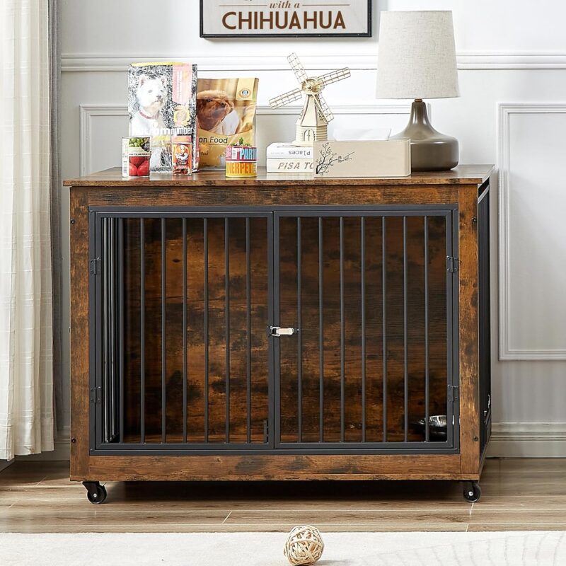 Indoor Wooden Dog Crate Furniture Side Table, Dogs Kennel with Feeding Bowl and Flip Up Top Opening, Three Doors, DogHouse for living room - Image 9