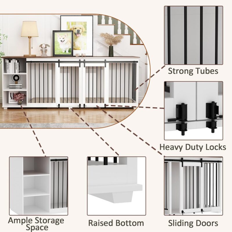 Large Dog Crate Furniture, 86.6" Wooden Dog Kennel for 2 Dogs with Shelves,Divider & Slidding Door, Indoor Heavy Duty Furniture Style Dog House w/Double Rooms for Large Medium Dogs, White - Image 5