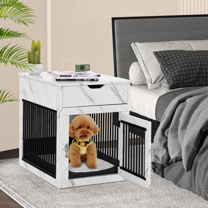 Giantex Dog Crate Furniture, Dog Kennel End Table with Chew-Proof Metal Fence, Lockable Door, Storage Drawer, Wired and Wireless Charging, Wooden Pet Cage Side Table Indoor (Marble White) - Image 2