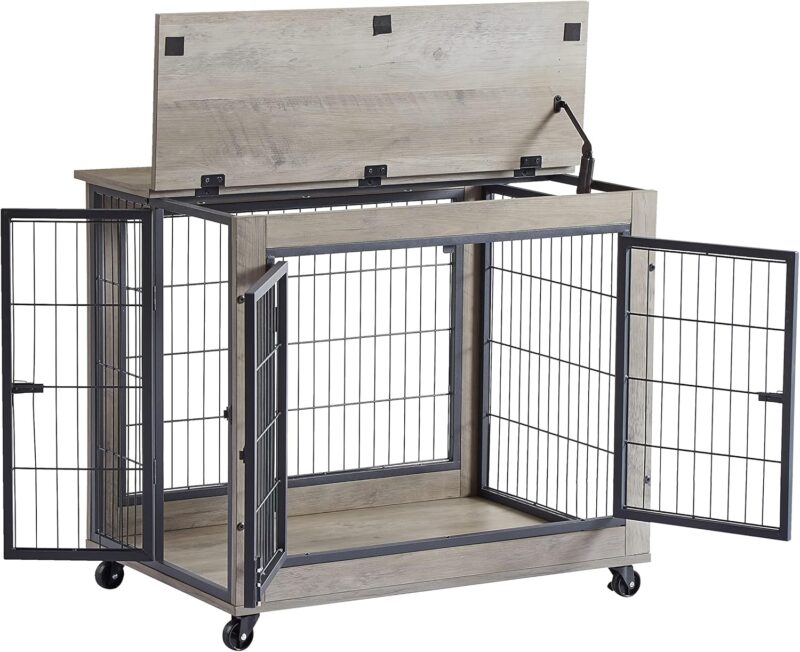 Wooden Dog Crate, 31.5 Inch Dog Kennel, Dog Cage Furniture, Indoor Double Door Cage, Kennel with Wheels - Image 6