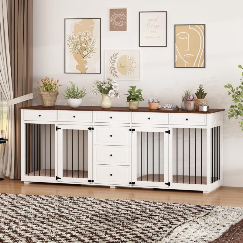 Large Double Dog Crate Furniture, 89" Wooden Dog Crate Kennel Furniture with 8 Drawers, XXL Heavy Duty Dog Crates Cage Furniture for 2 Medium or Large Dogs Indoor, White - Image 6