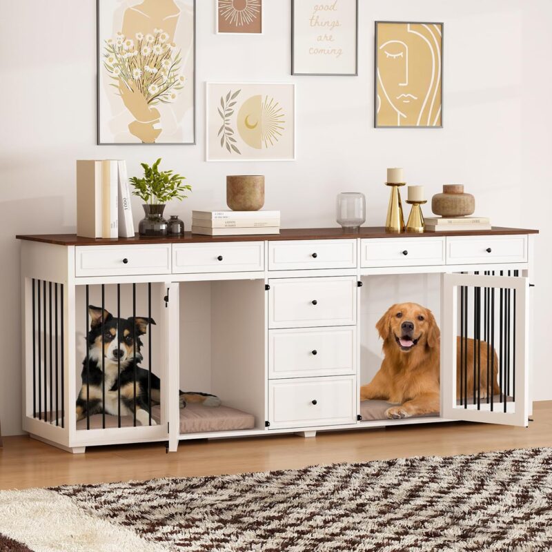 Large Double Dog Crate Furniture, 89" Wooden Dog Crate Kennel Furniture with 8 Drawers, XXL Heavy Duty Dog Crates Cage Furniture for 2 Medium or Large Dogs Indoor, White