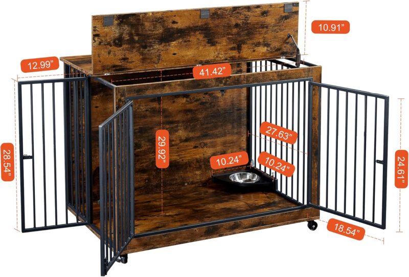 Indoor Wooden Dog Crate Furniture Side Table, Dogs Kennel with Feeding Bowl and Flip Up Top Opening, Three Doors, DogHouse for living room - Image 4