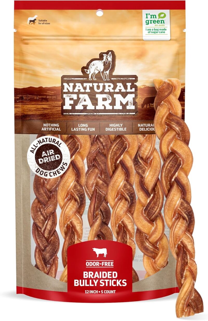 Natural Farm Odor-Free Braided Bully Sticks (12 Inch, 5 Pack) - 100% Grass-Fed Beef, Grain-Free, Low Fat & Fully Digestible Best Dental Treats - Safest Long Lasting Pizzle Chews to Keep Your Dog Busy