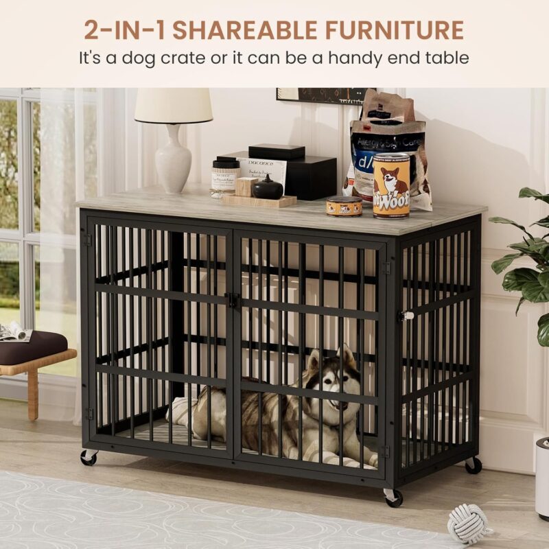 Dog Crate Furniture, 43.3 inch Wooden Iron Dog Kennel with Double Doors, Lift Top and Wheels, Heavy Duty Indoor Dog House for Small Medium Large Dogs, Chew-Resistant Dog Cage End Table, Grey - Image 5