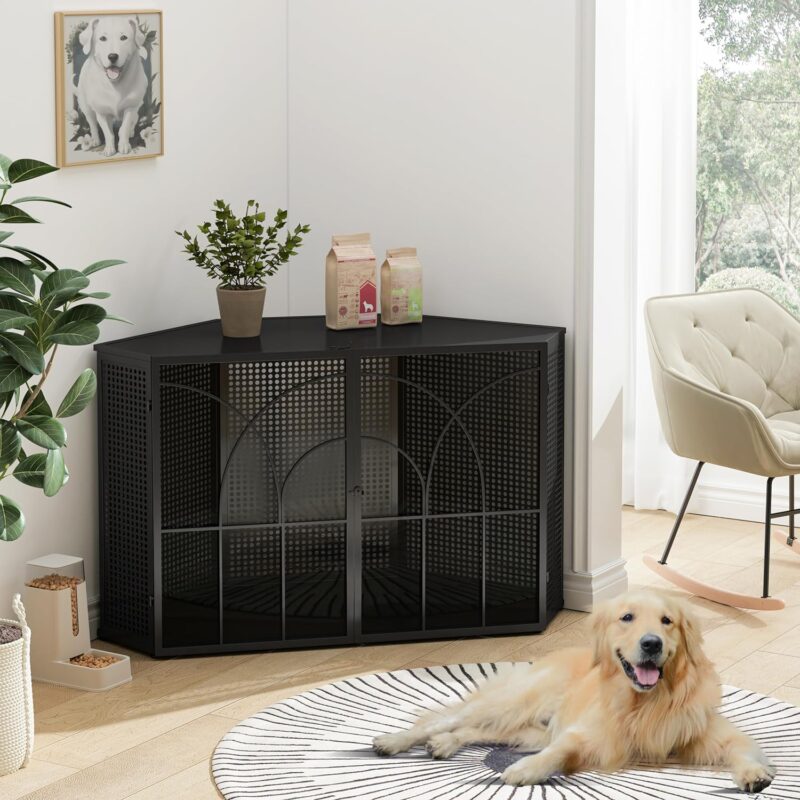 Corner Dog Crate Furniture Dog Cage Dog Kennel Dog House Pet Crate Side End Table with Tempered Glass Doors for Living Room Hallway Study, Black