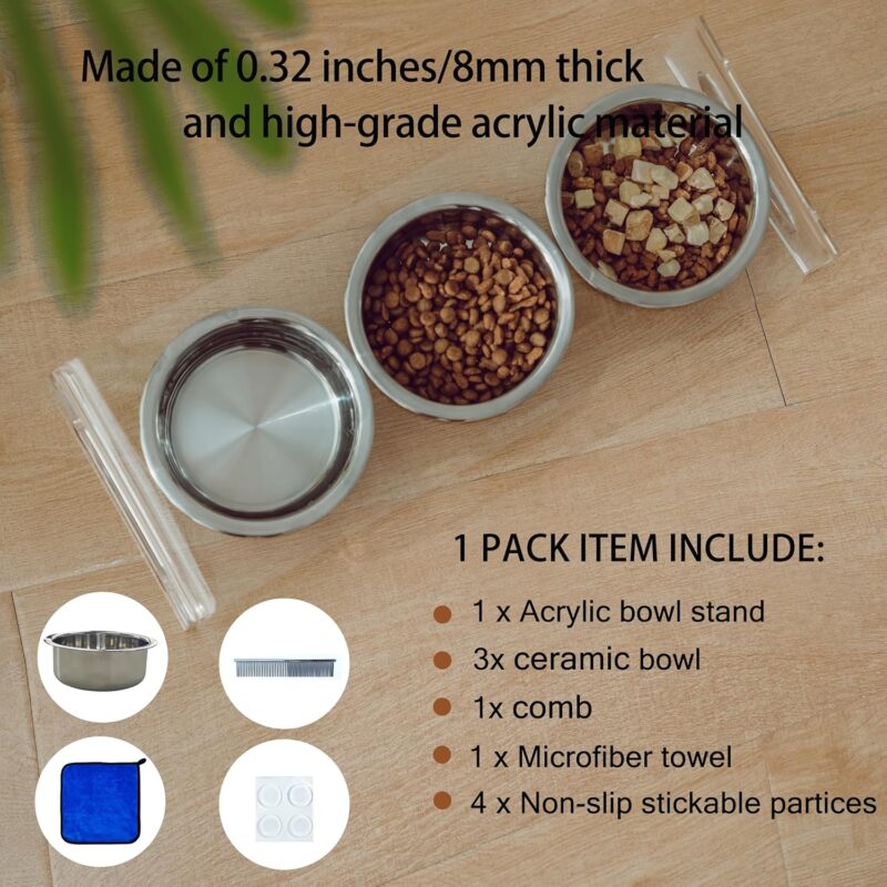 Tilted Raised Elevated Food and Water Bowls Stand for Cat or Small Dogs - Puppy's Clear Acrylic Stainless Steel 3 Dishes Holder for Boy or Girl Pet by WBhonghui (Clear-3bowls) - Image 6