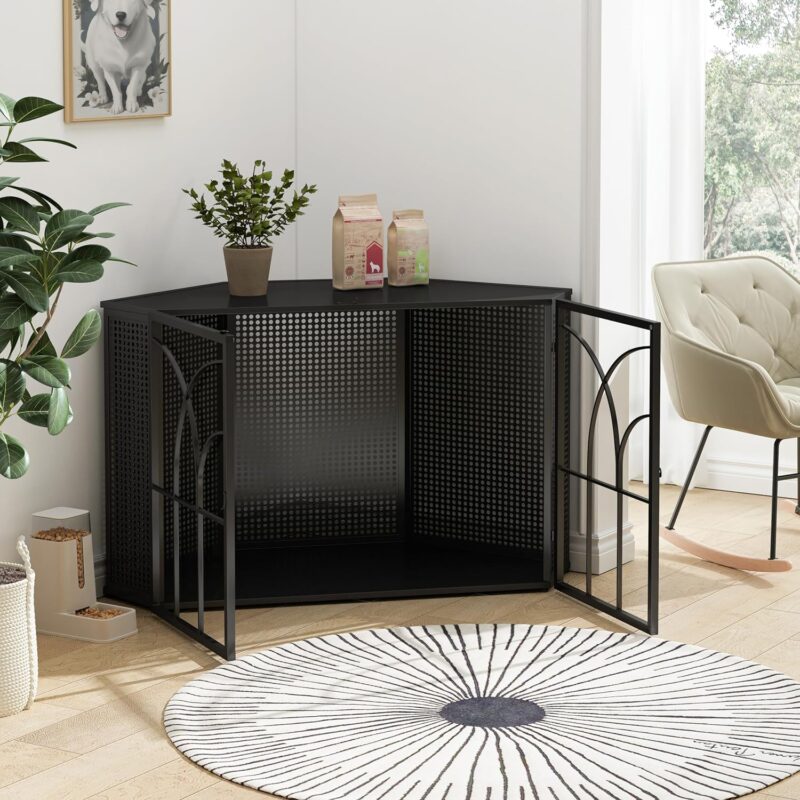 Corner Dog Crate Furniture Dog Cage Dog Kennel Dog House Pet Crate Side End Table with Tempered Glass Doors for Living Room Hallway Study, Black - Image 2