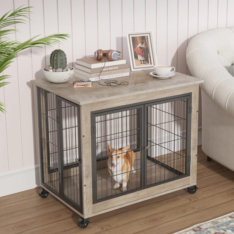 Wooden Dog Crate, 31.5 Inch Dog Kennel, Dog Cage Furniture, Indoor Double Door Cage, Kennel with Wheels