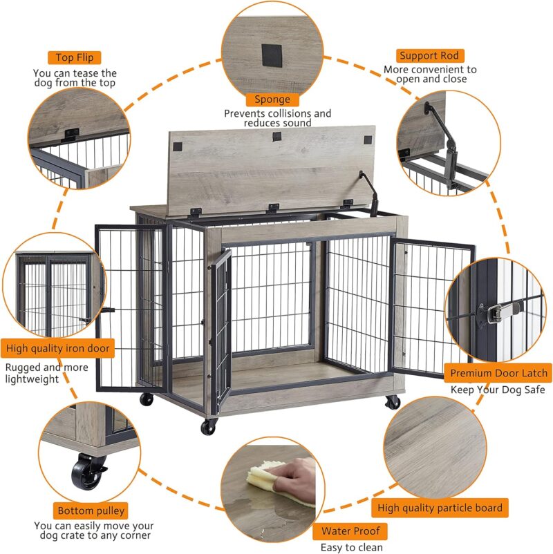 Wooden Dog Crate, 31.5 Inch Dog Kennel, Dog Cage Furniture, Indoor Double Door Cage, Kennel with Wheels - Image 2