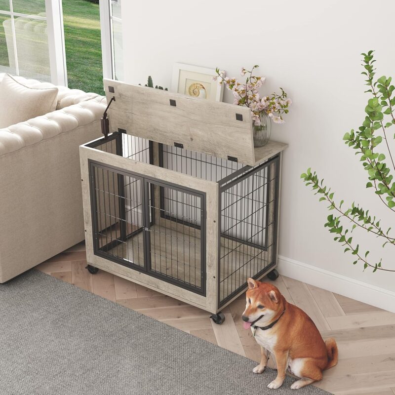 Wooden Dog Crate, 31.5 Inch Dog Kennel, Dog Cage Furniture, Indoor Double Door Cage, Kennel with Wheels - Image 4