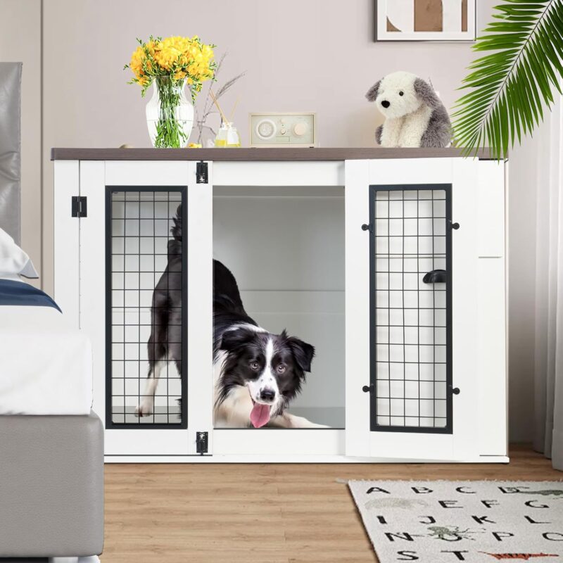 Farmhouse Dog Crate Furniture, Wooden Dog Kennel Indoor with Double Doors Dog Cage with Drawers Indoor Dog House Side End Table for Small Medium Dogs