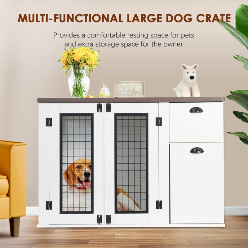 Farmhouse Dog Crate Furniture, Wooden Dog Kennel Indoor with Double Doors Dog Cage with Drawers Indoor Dog House Side End Table for Small Medium Dogs - Image 3