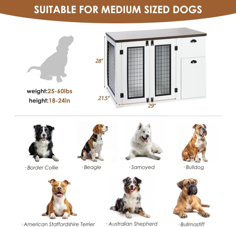 Farmhouse Dog Crate Furniture, Wooden Dog Kennel Indoor with Double Doors Dog Cage with Drawers Indoor Dog House Side End Table for Small Medium Dogs - Image 6