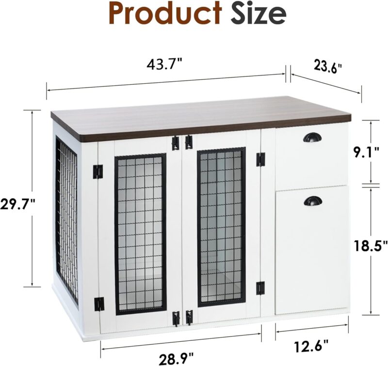 Farmhouse Dog Crate Furniture, Wooden Dog Kennel Indoor with Double Doors Dog Cage with Drawers Indoor Dog House Side End Table for Small Medium Dogs - Image 7