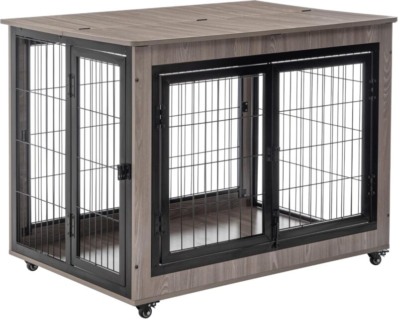 Rustic Multi-Function Dog Crate Furniture - Large Size, Sturdy MDF & Metal Construction, Easy Assembly, Chew-Resistant for Your Beloved Pet (Grey)