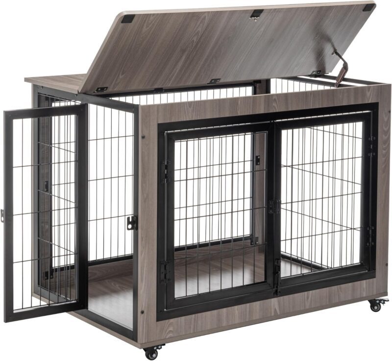 Rustic Multi-Function Dog Crate Furniture - Large Size, Sturdy MDF & Metal Construction, Easy Assembly, Chew-Resistant for Your Beloved Pet (Grey) - Image 3