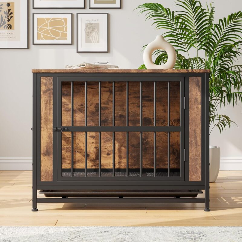 Medium/Small Dog Crate Table Wooden Kennel 32.8" Iron Door Frame Indoor Pet House Rustic Brown - Image 9