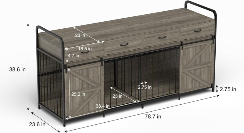 78.7 Inch Extra Large Dog Crate Furniture, Heavy Duty Wooden Double Dog Crates with 4 Drawer, Furniture Style Kennel TV Stand Side End Table for Large Dogs (Gray) - Image 2