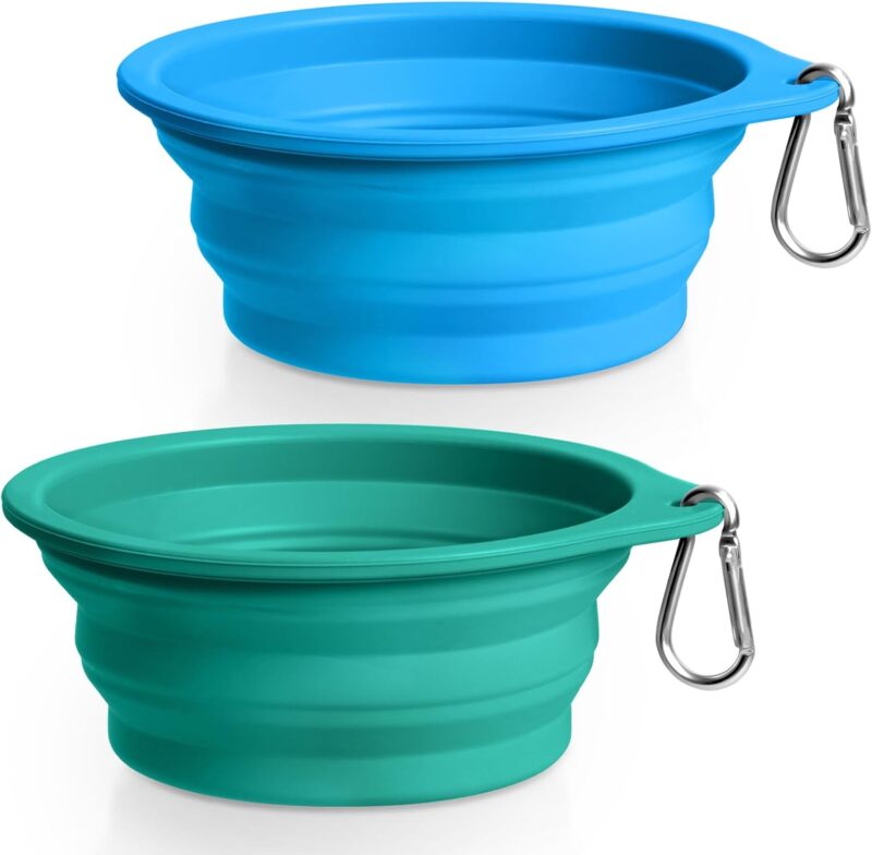 Rest-Eazzzy 2-Pack Silicone Collapsible Dog Bowls, BPA Free Dishwasher Safe, Portable Foldable Travel Bowl, Food Water Feeding Cup Dish for Dogs Cats with 2 Carabiners (Green, Blue, 550 ML)