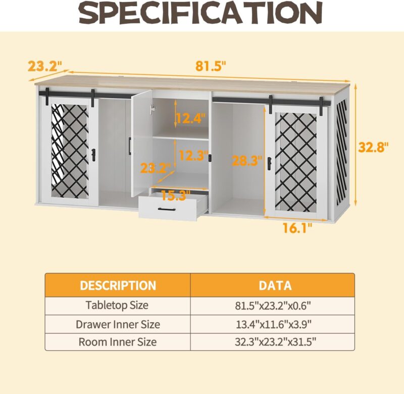 Furniture Dog Crate,81.5" Heavy Duty Wooden Dog Cage Kennel with a Storage Drawer, Shelves,Sliding Doors,Indoor Furniture Style Dog Crate Table,Dog House for Medium Dogs,White - Image 4
