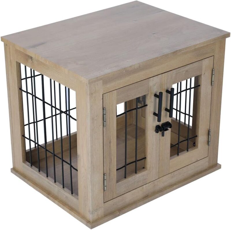 Dog Cage Dog House Indoor Furniture Style Dog Crate End Table with Cushion, Wooden Wire Pet Kennels with Double Doors (small, Sycamore) - Image 2