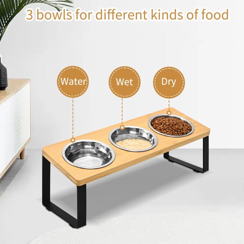 Raised Cat Food Water Bowl，Small Dog 15 ° Tilted Elevated Food Feeding Tray with Three Stainless Steel Bowls to Protect The Spine of Cats and Dogs from Vomiting (Wood Color) - Image 6
