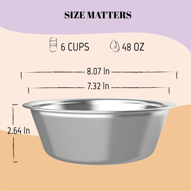 48 oz Stainless Steel Dog Bowls Set 2 Pack for Replacement Dog Bowl for Stand, 6 Cups Metal Dog Bowls with 2.64 inch Deep, Large Dog Water Bowl for Raised Feeder with Opening 7.32-7.52 inch - Image 2