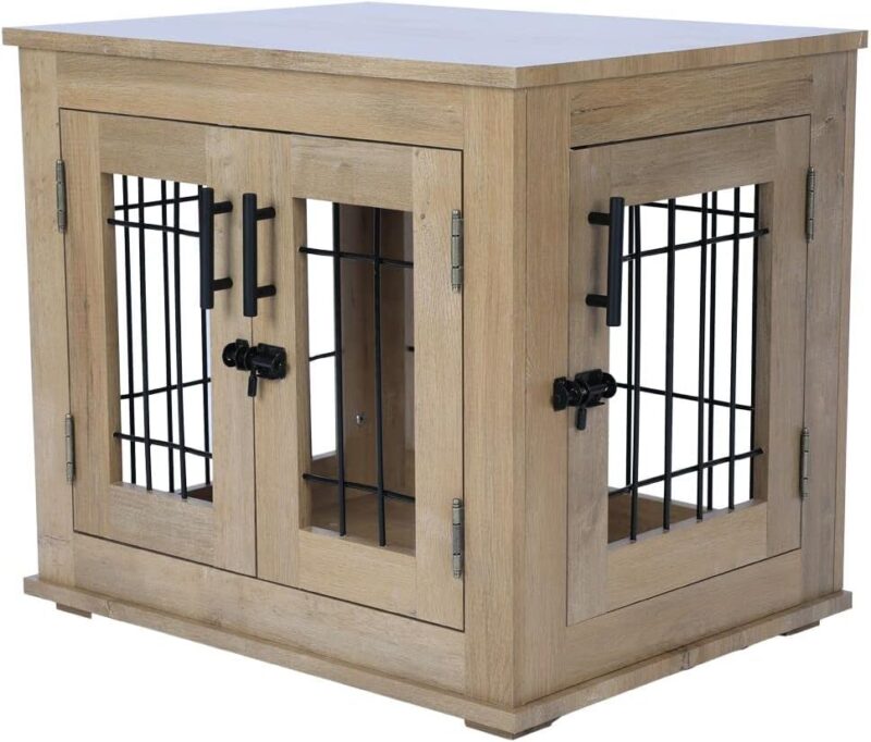 Dog Cage Dog House Indoor Furniture Style Dog Crate End Table with Cushion, Wooden Wire Pet Kennels with Double Doors (small, Sycamore)