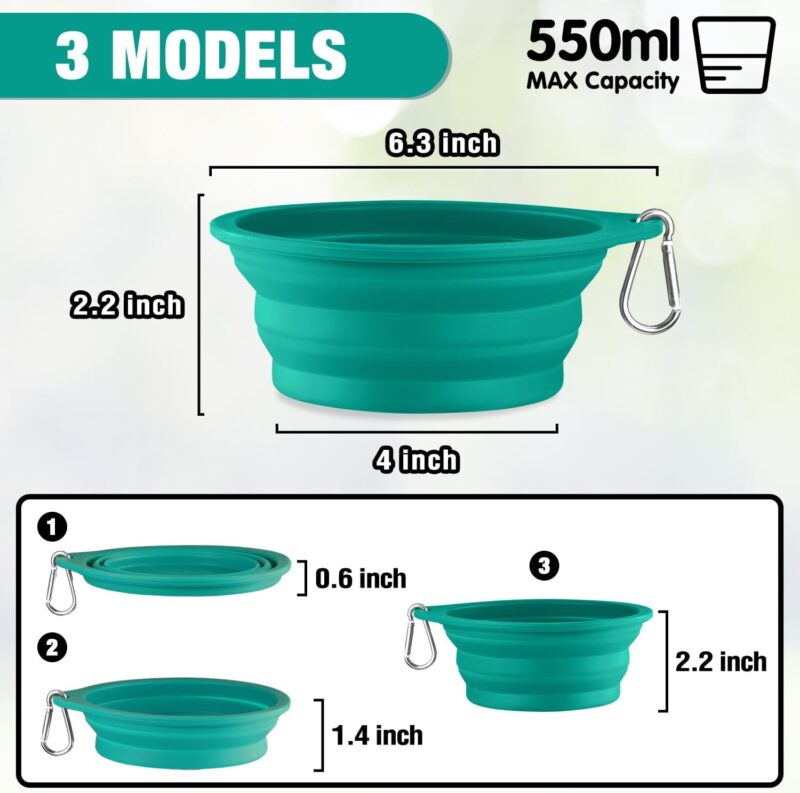 Rest-Eazzzy 2-Pack Silicone Collapsible Dog Bowls, BPA Free Dishwasher Safe, Portable Foldable Travel Bowl, Food Water Feeding Cup Dish for Dogs Cats with 2 Carabiners (Green, Blue, 550 ML) - Image 2