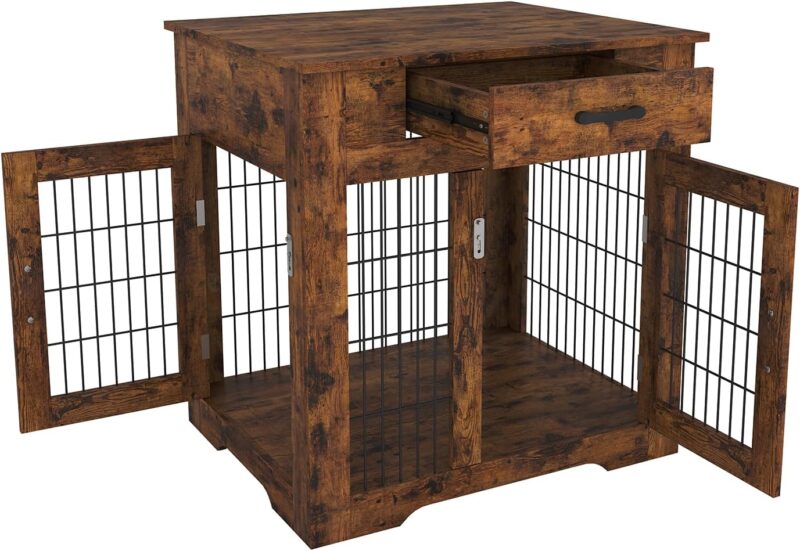 Wood Dog Crate Furniture Dog Kennel Indoor with Drawers Storage Dog Crate End Table with 2 Doors Decorative Pet House Chew Resistance and Easy Installation Rustic Brown