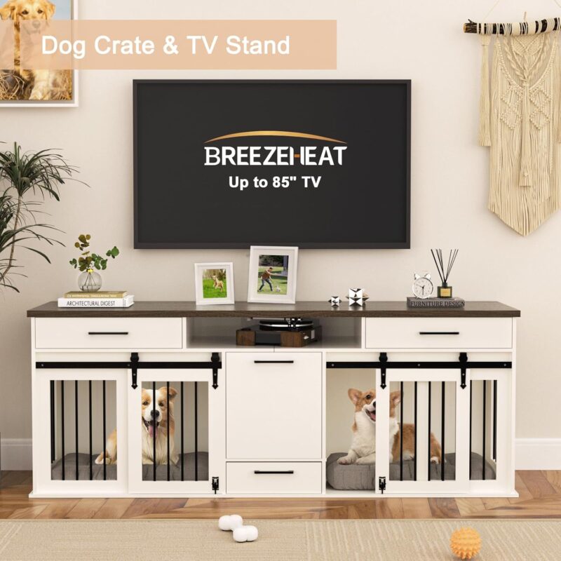 BREEZEHEAT 79 Inch Dog Crate Furniture-Large Wooden Dog Kennel w/Sliding Doors, Divider, Drawers, Feeder Bowls, Indoor Dog House Furniture w/Double Rooms for Medium Small Dogs, White - Image 4