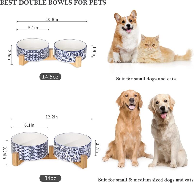 Selamica Ceramic 14 OZ Dog Bowls, Dog Food and Water Bowls with Wooden Stand, Anti-Slip Dog Dishes Set for Cats & Small Dogs, Weighted Pet Bowls Set of 2, Vintage Blue B - Image 2