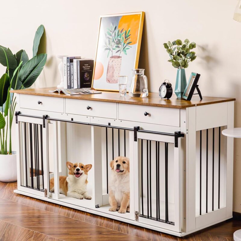 IDEE 72'' Dog Crate Furniture, Wooden Dog Kennel Furniture with 3 Drawers, White XXL Heavy Duty Dog Crate with Double Doors TV Stand for Large Medium Small Dogs Indoor - Image 4