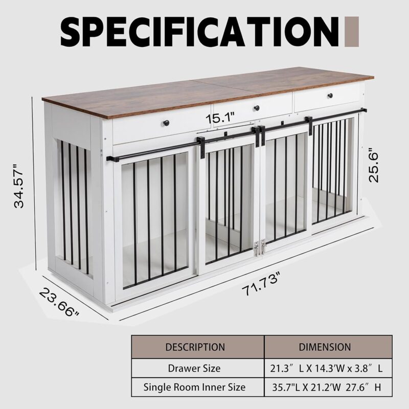 IDEE 72'' Dog Crate Furniture, Wooden Dog Kennel Furniture with 3 Drawers, White XXL Heavy Duty Dog Crate with Double Doors TV Stand for Large Medium Small Dogs Indoor - Image 7