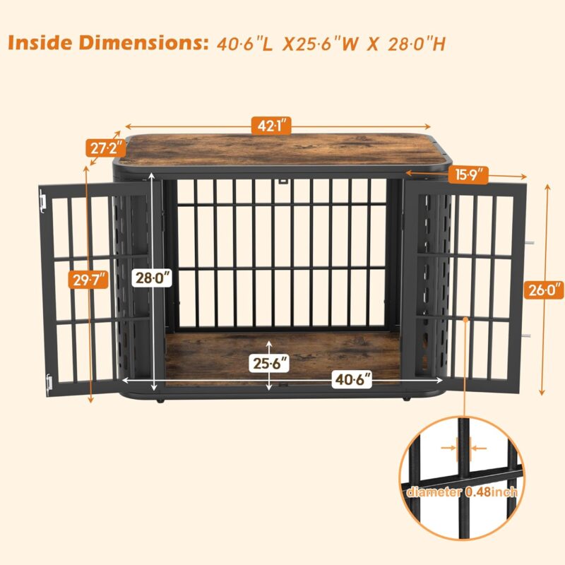 42 inch Heavy Duty Dog Crate Furniture, Rounded Corner Kennel for Medium and Large Dogs, Decorative Pet Cage End Table, Brown, Wooden Cage Kennel Furniture Indoor - Image 5