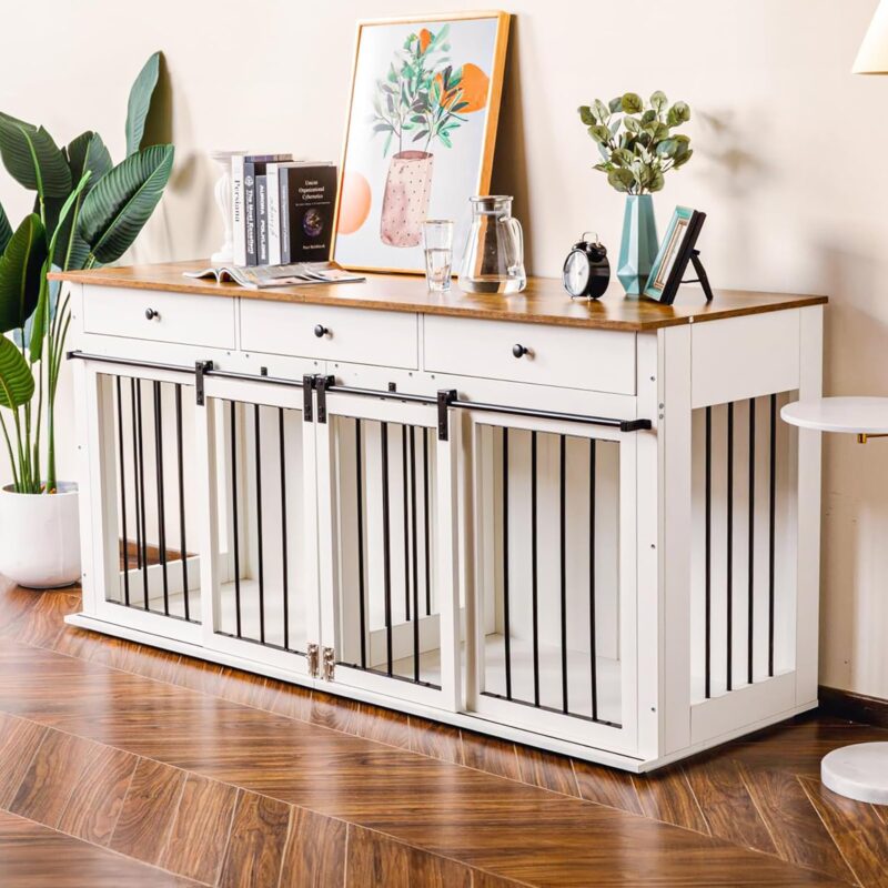 IDEE 72'' Dog Crate Furniture, Wooden Dog Kennel Furniture with 3 Drawers, White XXL Heavy Duty Dog Crate with Double Doors TV Stand for Large Medium Small Dogs Indoor - Image 6