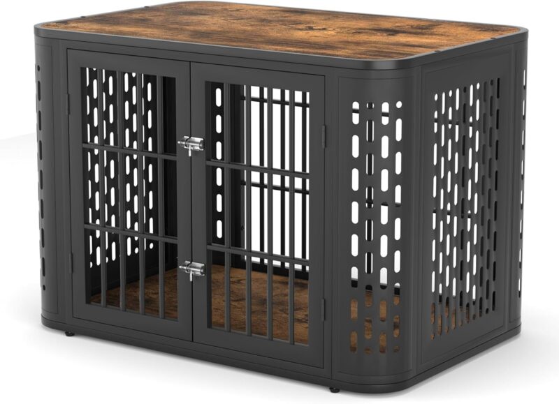 42 inch Heavy Duty Dog Crate Furniture, Rounded Corner Kennel for Medium and Large Dogs, Decorative Pet Cage End Table, Brown, Wooden Cage Kennel Furniture Indoor