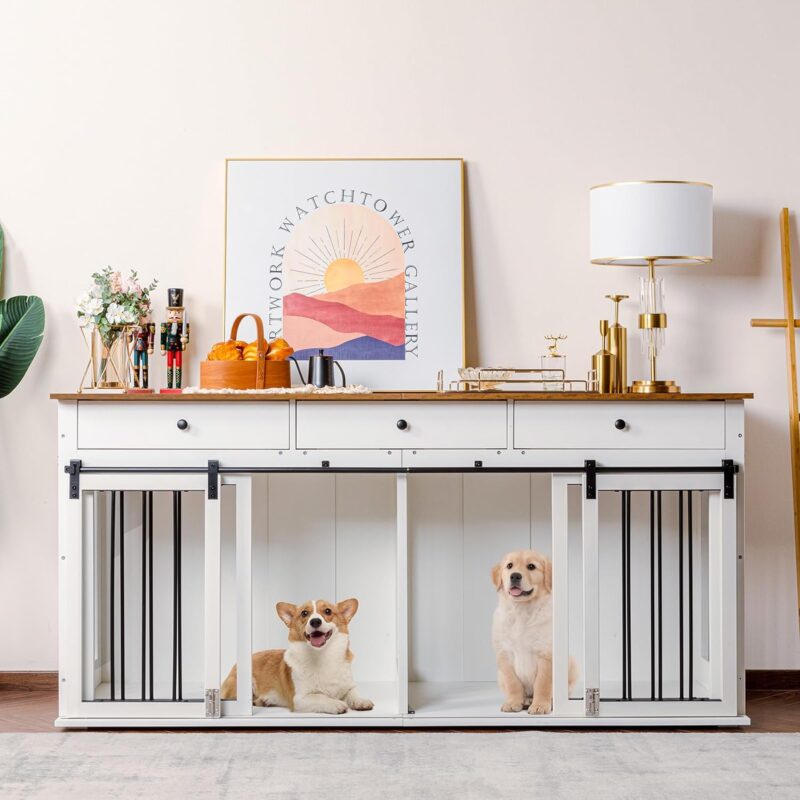 IDEE 72'' Dog Crate Furniture, Wooden Dog Kennel Furniture with 3 Drawers, White XXL Heavy Duty Dog Crate with Double Doors TV Stand for Large Medium Small Dogs Indoor - Image 3