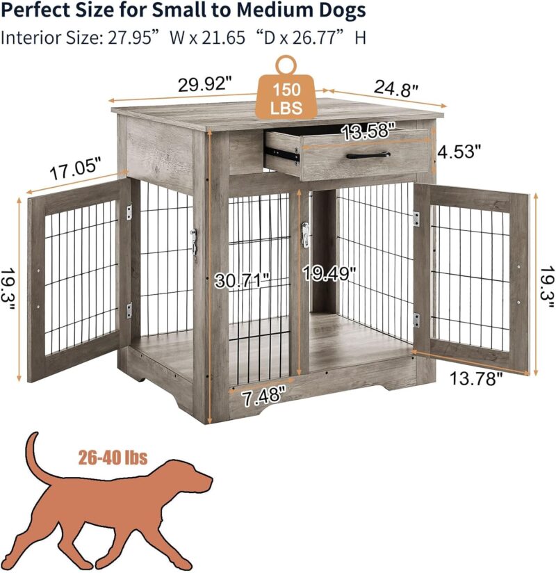 KIVENJAJA Furniture Style Dog Crate End Table for Small to Medium Dogs, Wooden Dog Kennel with Drawer & Double Doors, Decorative Dog House Pet Cage Indoor Use, Weathered Grey - Image 5