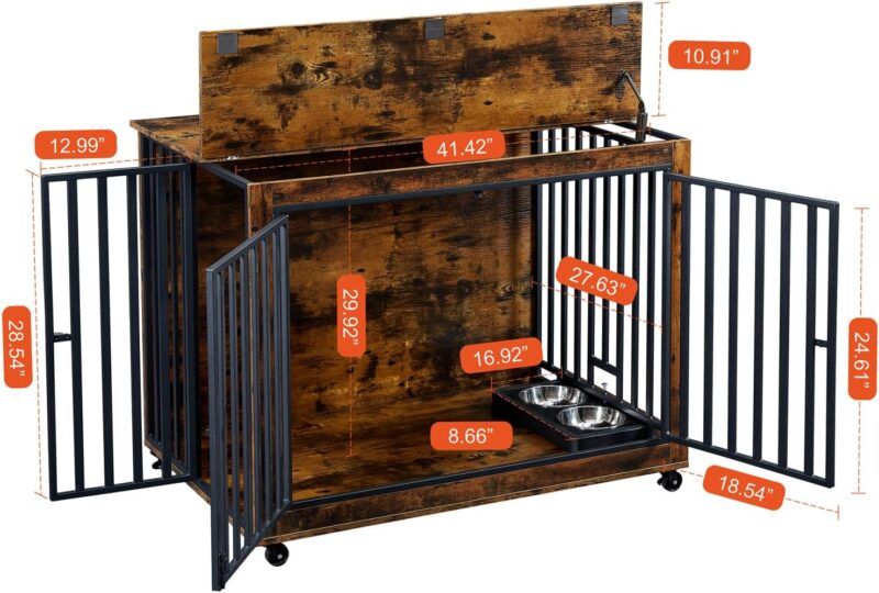 Dog Crate Furniture with Pull-Out Dog Bowls,Wooden Dog Kennel End Table with Wheels & Flip-Top,Indoor Dog House for Small/Medium Dog Cat,Easy Installation Brown 43.7" W x 30" D x 33.7" H - Image 4