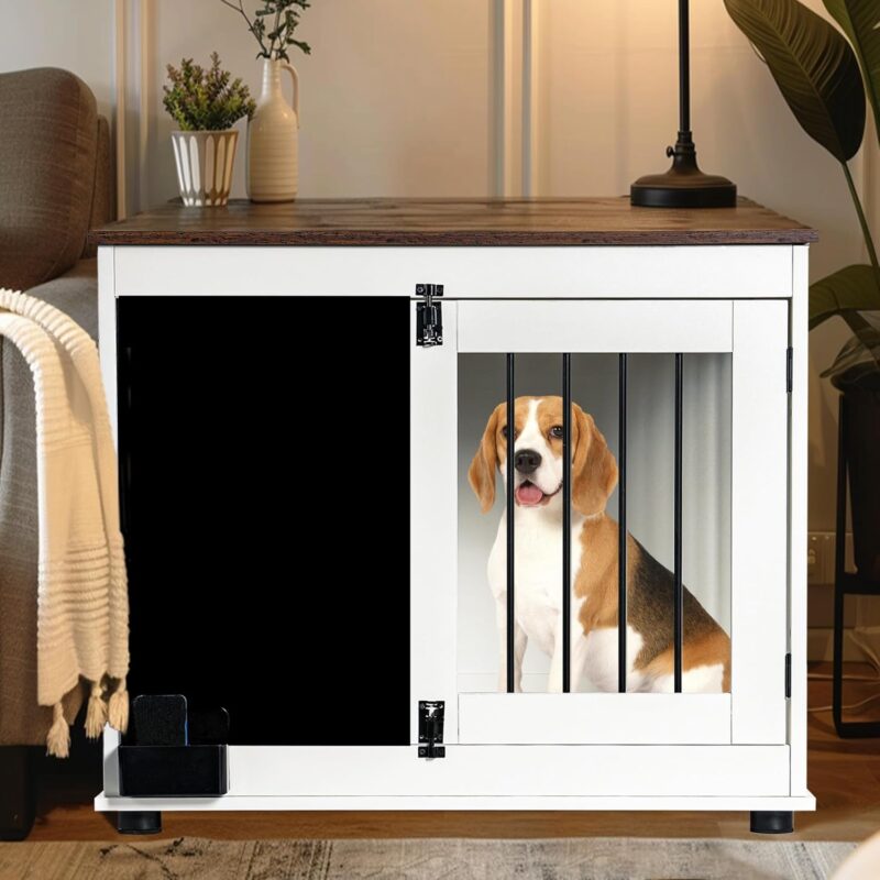 Dog Crate Furniture, Farmhouse Wooden Heavy Duty Dog Kennel with Double Doors Indoor Puppy Cage House End Table Nightstand for Large Medium Dogs, White