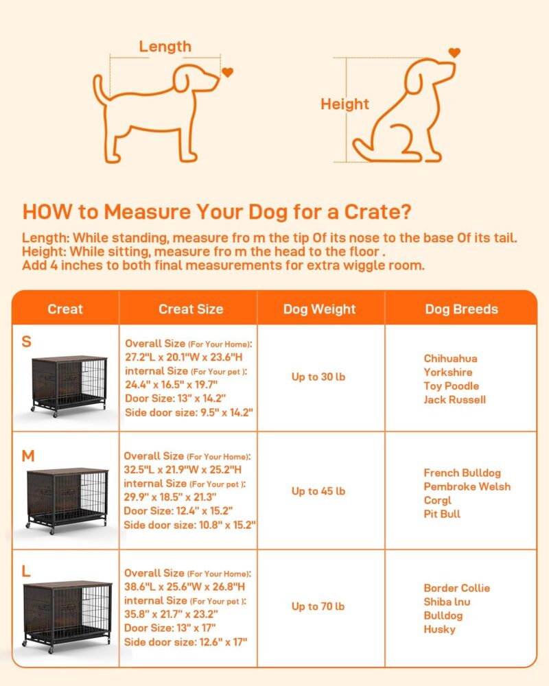 Dog Crate Furniture - 2024 and Versatile Wooden Dog Kennel with Removable Tray and Wheels - Heavy-Duty Double-Door 38.6" Dog Cage End Table for Large Dogs (Brown & Black, Large) - Image 5