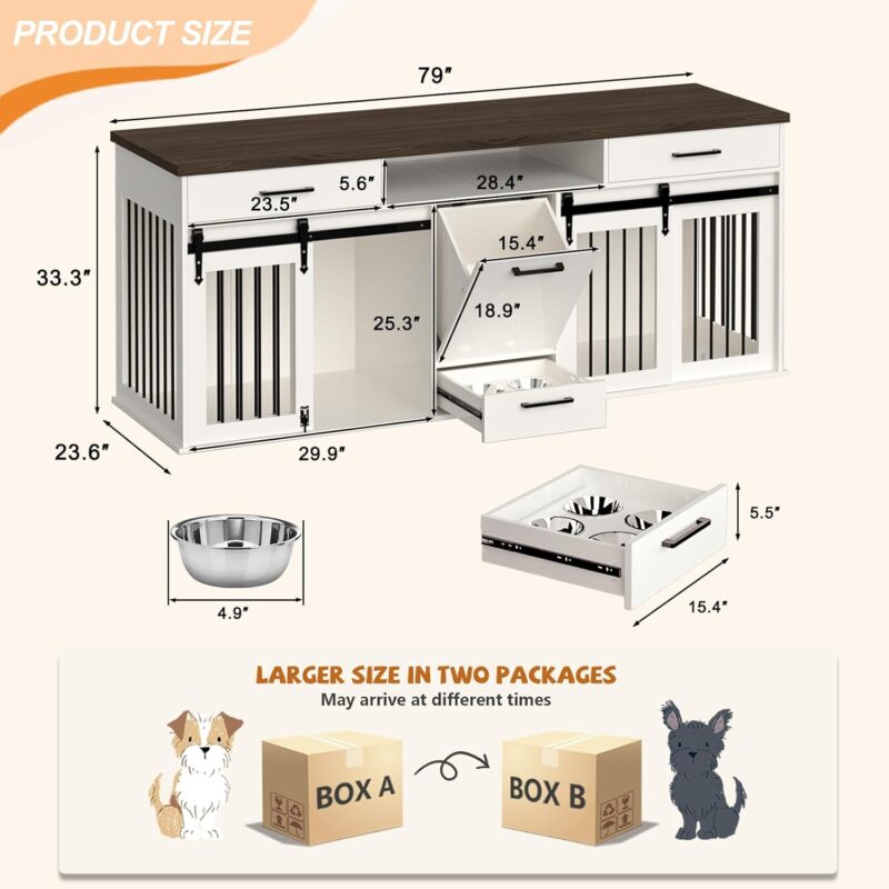 BREEZEHEAT 79 Inch Dog Crate Furniture-Large Wooden Dog Kennel w/Sliding Doors, Divider, Drawers, Feeder Bowls, Indoor Dog House Furniture w/Double Rooms for Medium Small Dogs, White - Image 7