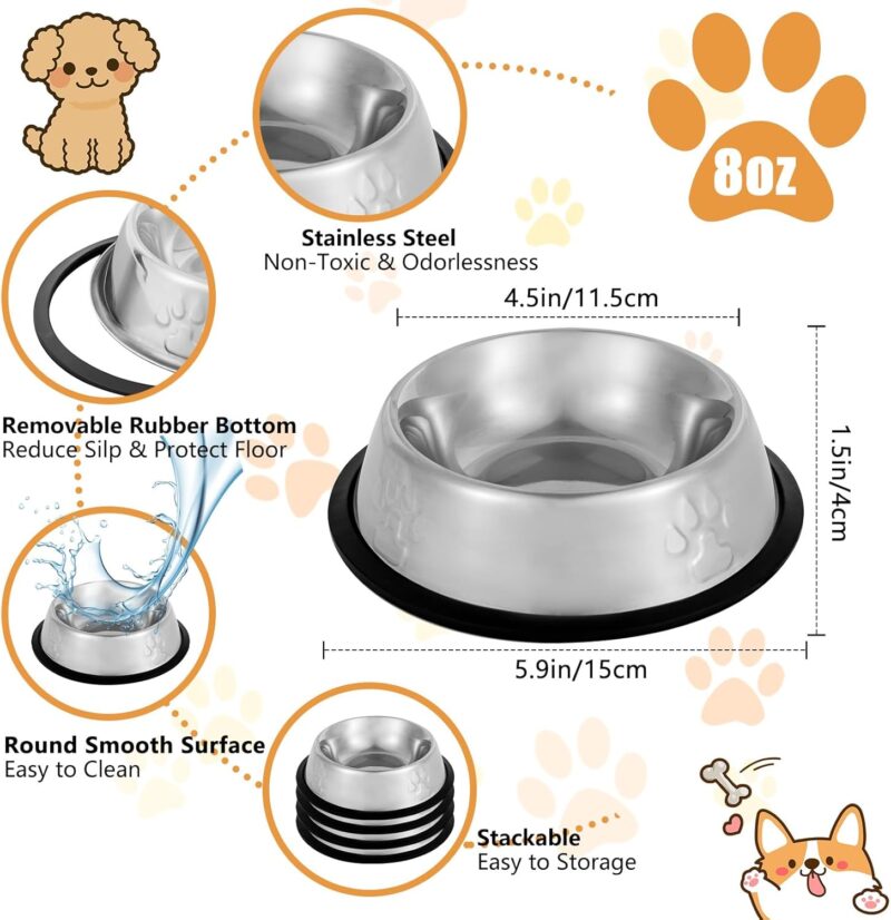 Stainless Steel Cat Bowl, 4 Pack Metal Dog Bowls for Food and Water, Non-Slip Pet Feeding Dish Bowl with Rubber Base for Indoor Cats Small Dogs - Image 2