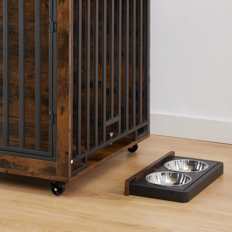 Dog Crate Furniture with Pull-Out Dog Bowls,Wooden Dog Kennel End Table with Wheels & Flip-Top,Indoor Dog House for Small/Medium Dog Cat,Easy Installation Brown 43.7" W x 30" D x 33.7" H - Image 6