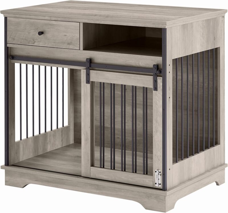 Dog Crate Furniture with Sliding Barn Door, 35'' Wooden Kennel for Small Medium Dog, Rustic Style Decorative Cage Drawers and Storage Shelf, Easy Assembly (Rustic Gray) (W11625739-0) - Image 5