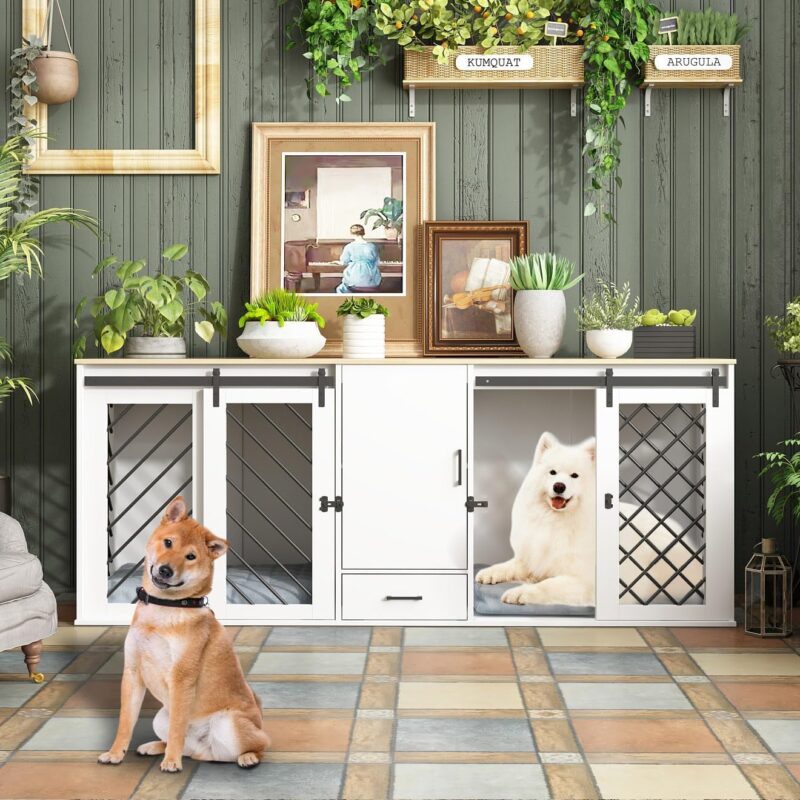 Furniture Dog Crate,81.5" Heavy Duty Wooden Dog Cage Kennel with a Storage Drawer, Shelves,Sliding Doors,Indoor Furniture Style Dog Crate Table,Dog House for Medium Dogs,White - Image 2