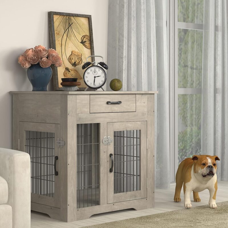 Furniture Style Dog Crate End Table with Drawer,Pet Kennels with Double Doors,Dog House Indoor Use,Weathered Grey,30" W x 24.8" D x 30.7" H