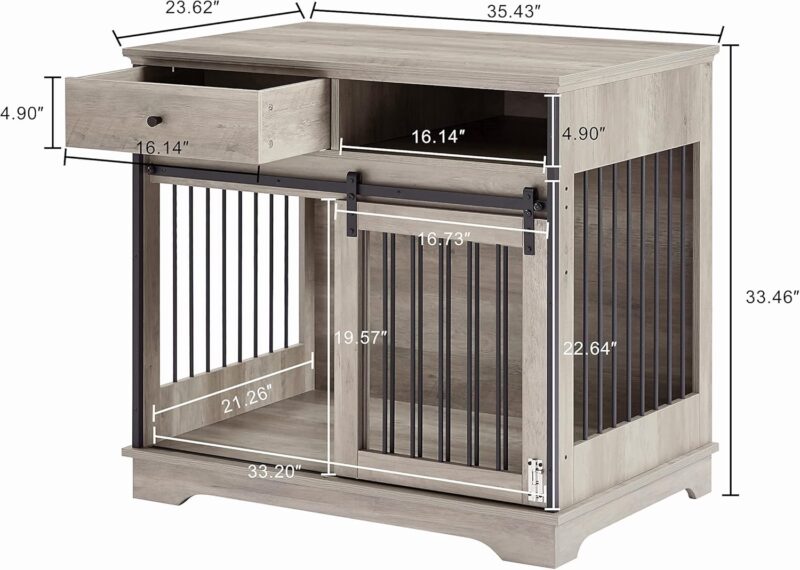Dog Crate Furniture with Sliding Barn Door, 35'' Wooden Kennel for Small Medium Dog, Rustic Style Decorative Cage Drawers and Storage Shelf, Easy Assembly (Rustic Gray) (W11625739-0) - Image 9